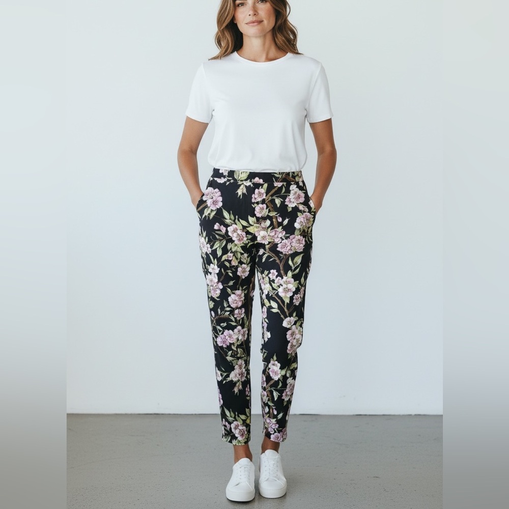 NWT DOLCE & GABBANA black Pink viscose CHERRY BLOSSOM Pants Sz 6